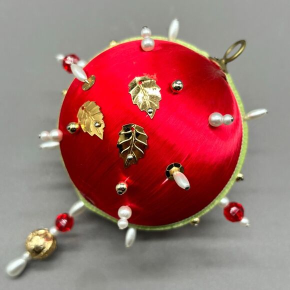 Vintage Handmade Push Pin Christmas Ornament Red Satin Gold Sequin Beaded White - Picture 2 of 6